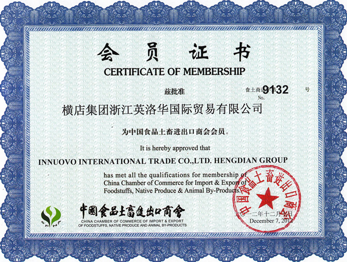 Certificado de miembro de la Cámara de comercio de China para la importación y exportación de alimentos, productos locales y animales