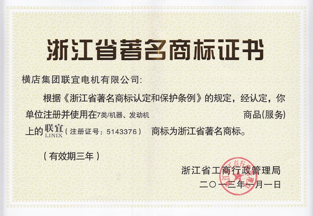 Zhejiang Province famous Brand certificate - class 7 Machine, Engine